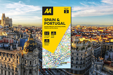 AA Road Map Spain & Portugal against a background image of Madrid.