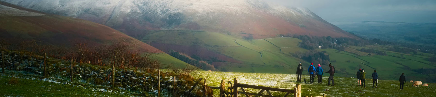 Group of hikers walking their dog on a hill in the lake district.