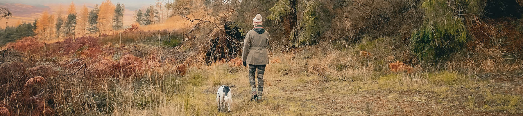 A lady and her dog walking in a woodland clearing in Northumberland.