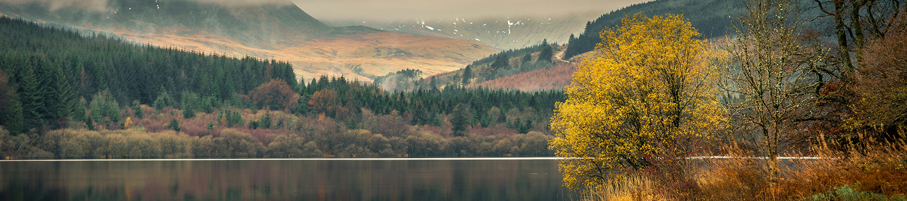 A lake surrounded by trees and mountains in the Brecon Beacons.